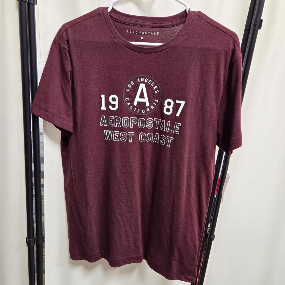 Aeropostale Mens West Coast Graphic Tee Burgundy Los Angeles 1987 Shirt S NEW